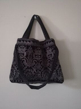 Johnny Was Black and Gray Velvet Embroidered Floral Tote Bag